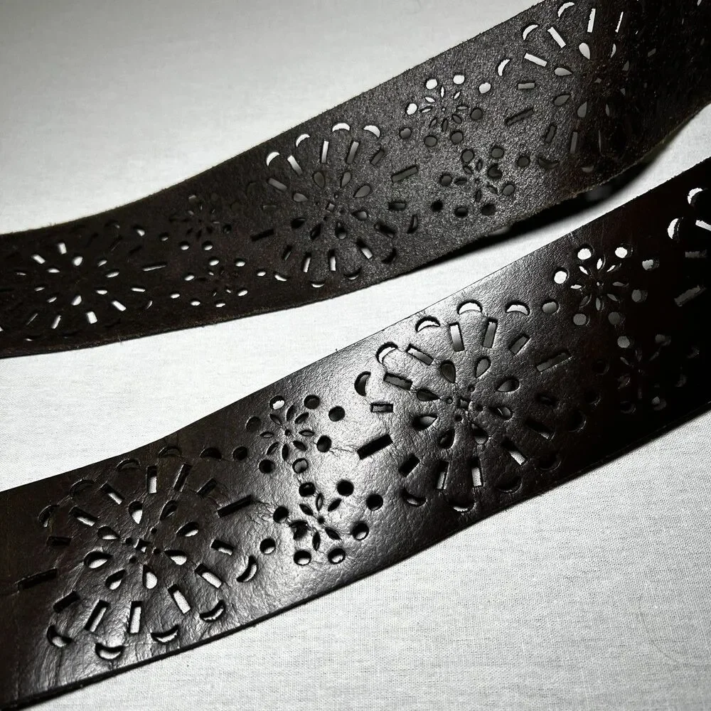 New York & Company dark brown bohemian laser-cut belt long fringe ties. L/XL